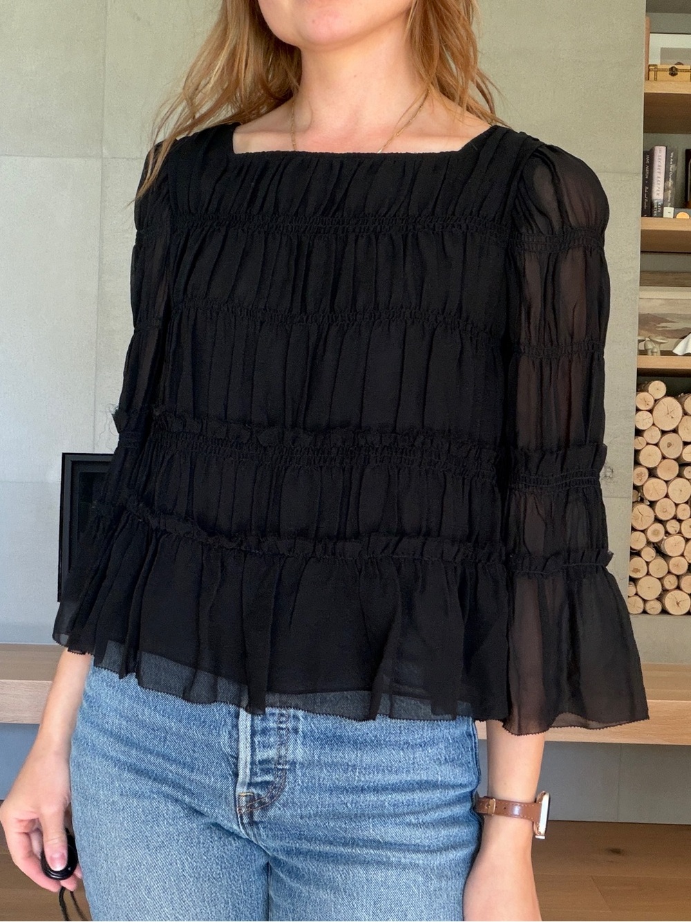 Club Monaco 100% silk Black Whimsigoth Square-Neck Blouse